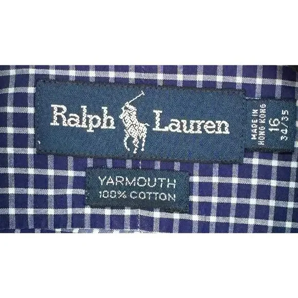 Polo Ralph Lauren Men’s Blue Gingham Check Button Down Shirt Size 16 34/35 - Picture 4 of 9